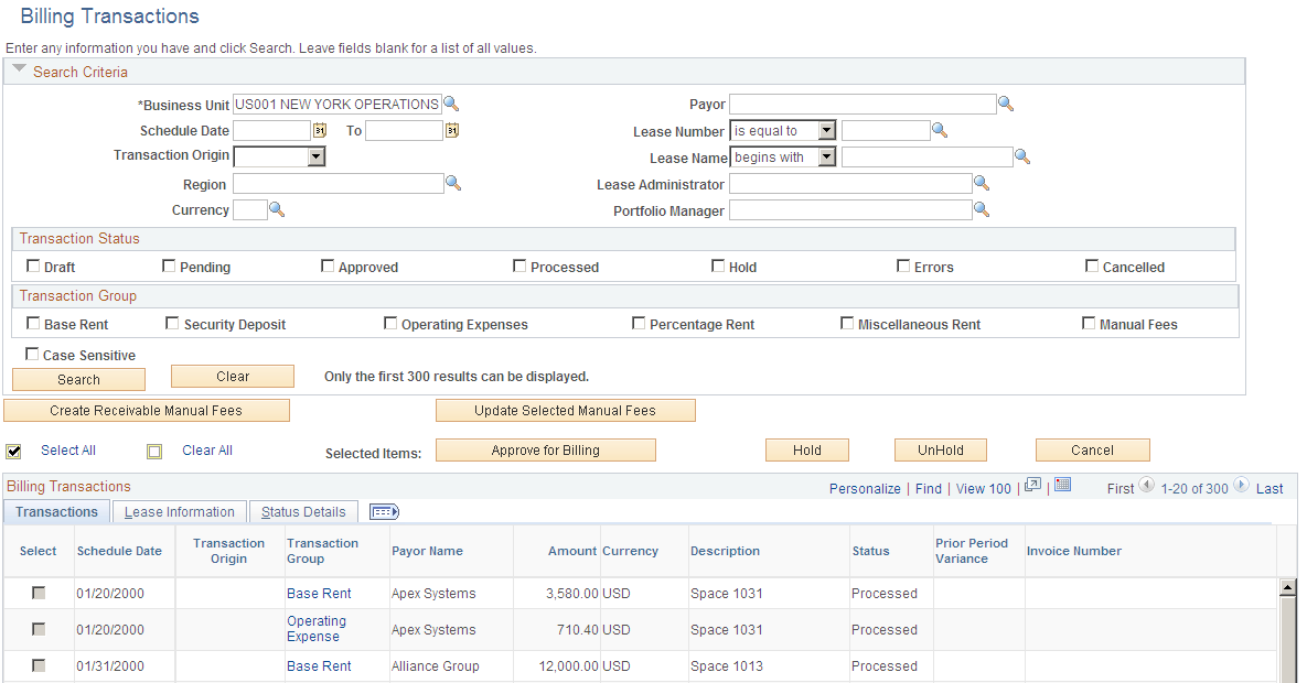 Billing Transactions page