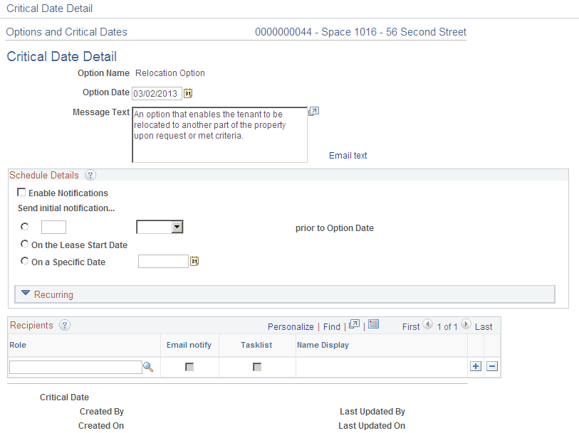 Options and Critical Dates - Critical Date Detail page