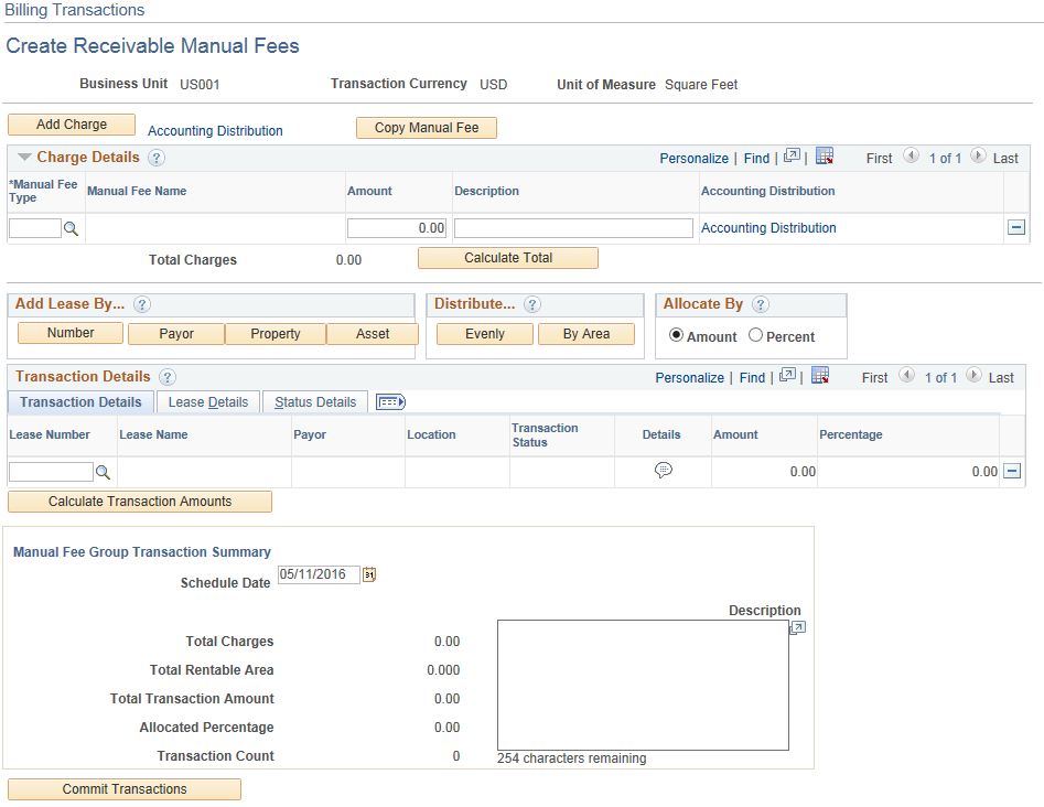 Billing Transactions - Create Receivable Manual Fees page