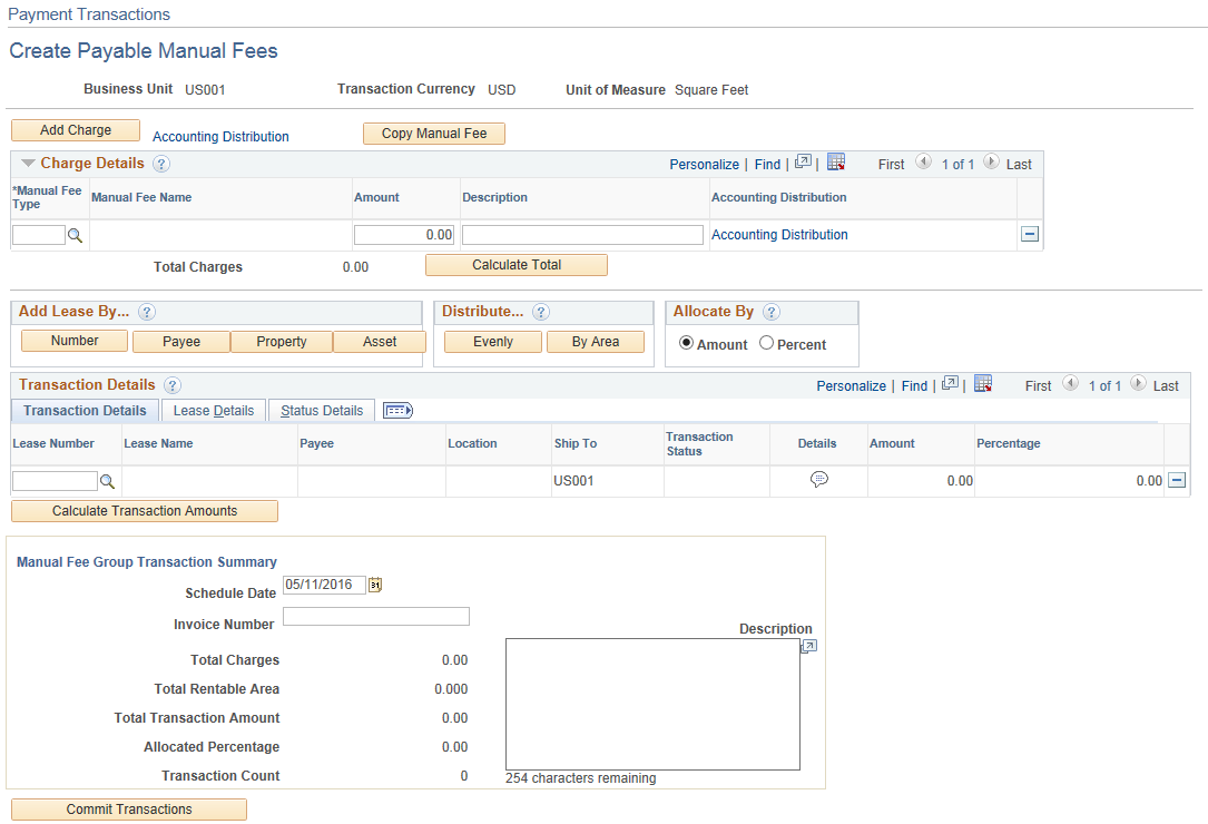 Payment Transactions - Create Payable Manual Fees page