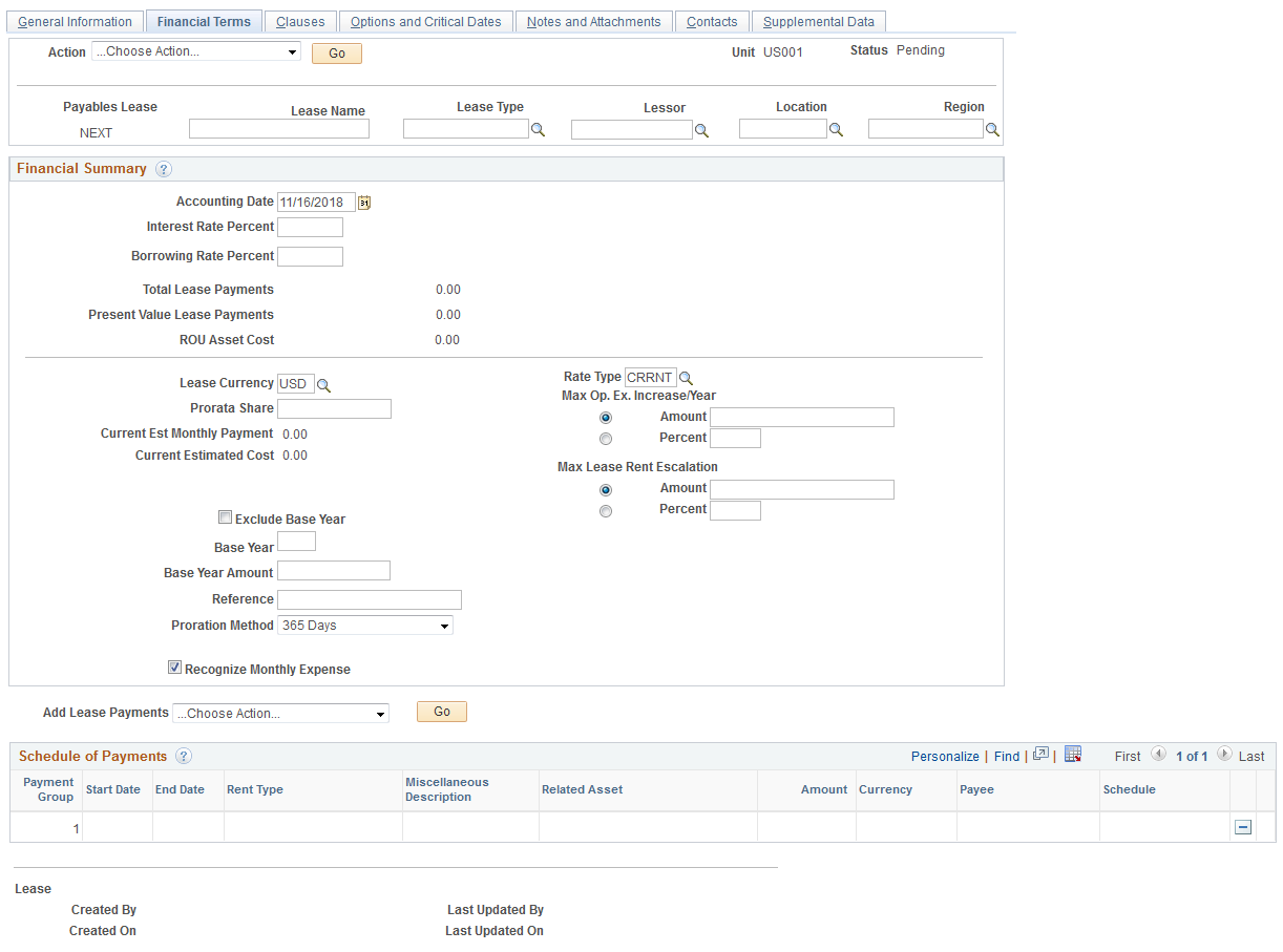 Create New Lease - Financial Terms page