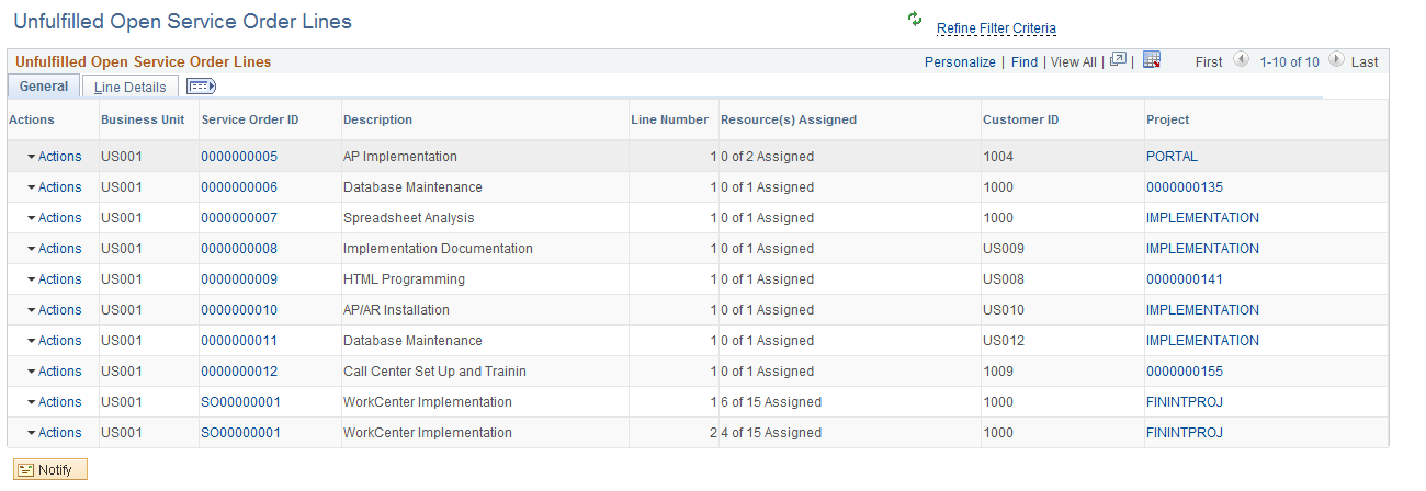 Unfulfilled Open Service Order Lines page