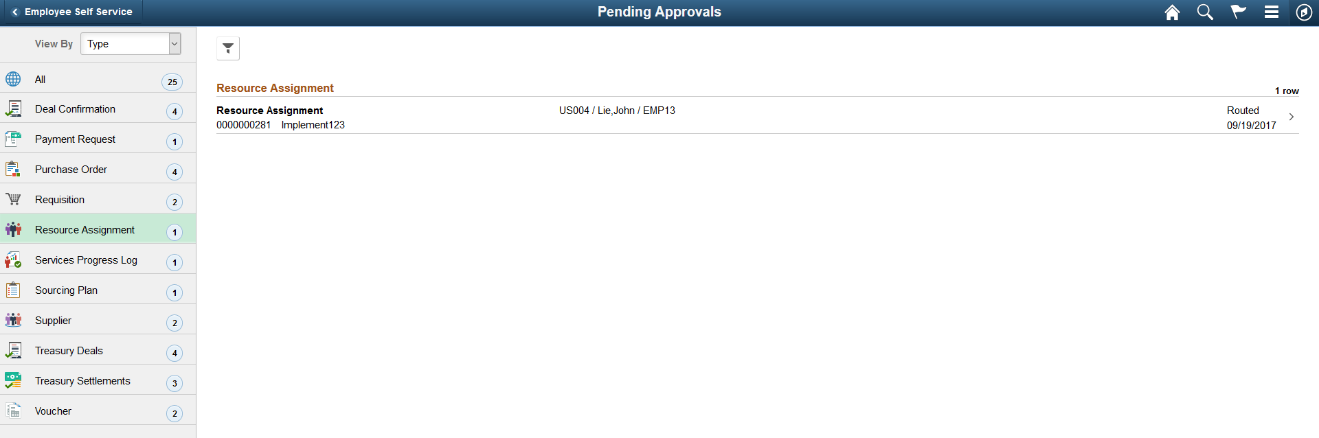 Pending Approvals - Resource Assignment list page