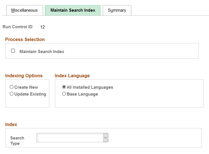Cache Administration - Maintain Search Index page