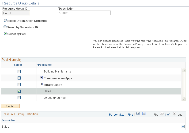 Select by Pool view of the Resource Group Definition - Resource Group Details page