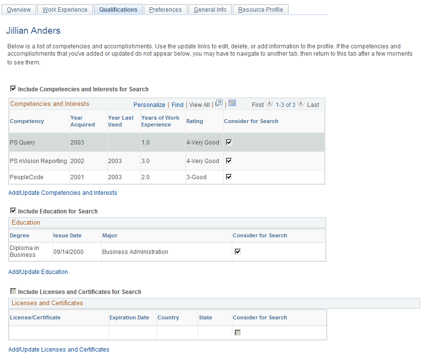 Profiles - Qualifications page (1 of 2)