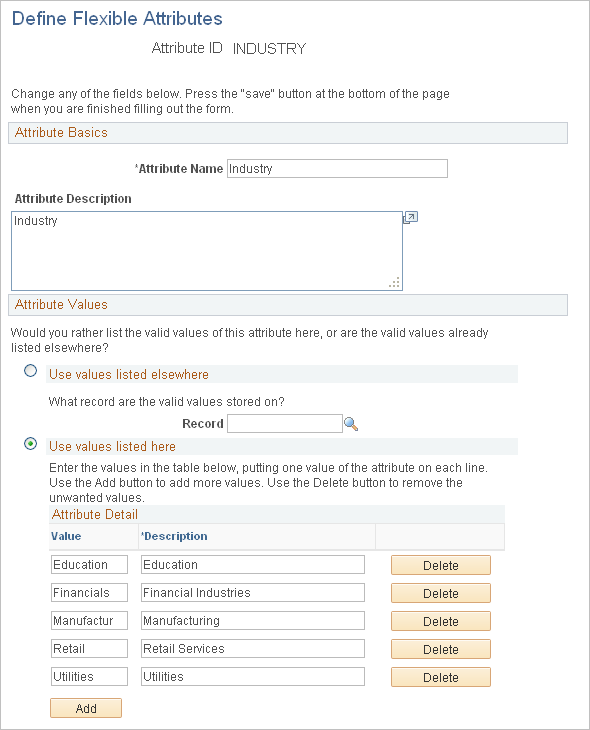 Define Flexible Attributes page (1 of 3)