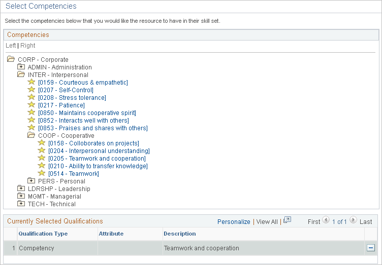 Resource Qualifications - Select Competencies page