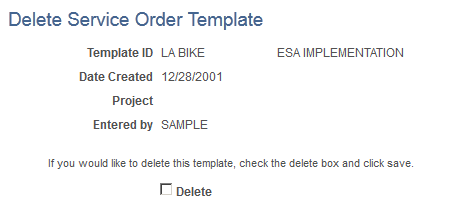 Delete Service Order Template page