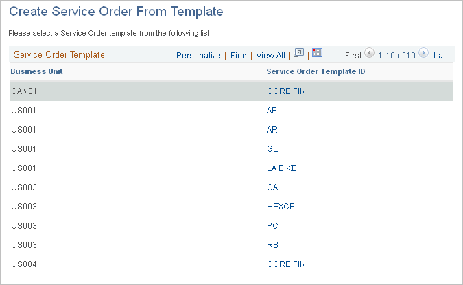 Create Service Order From Template page