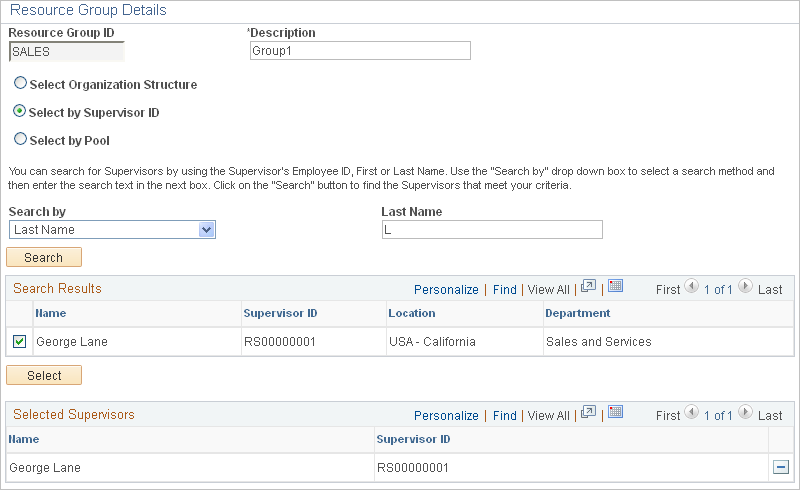 Select by Supervisor ID view of the Resource Group Definition - Resource Group Details page