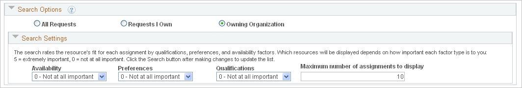 Search Options and Search Settings collapsible group boxes on the Staffing Workbench - Manage Utilization page