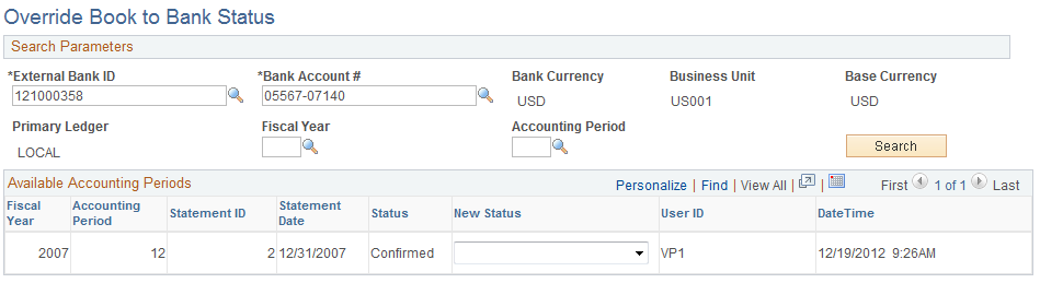 Override Book to Bank Status page