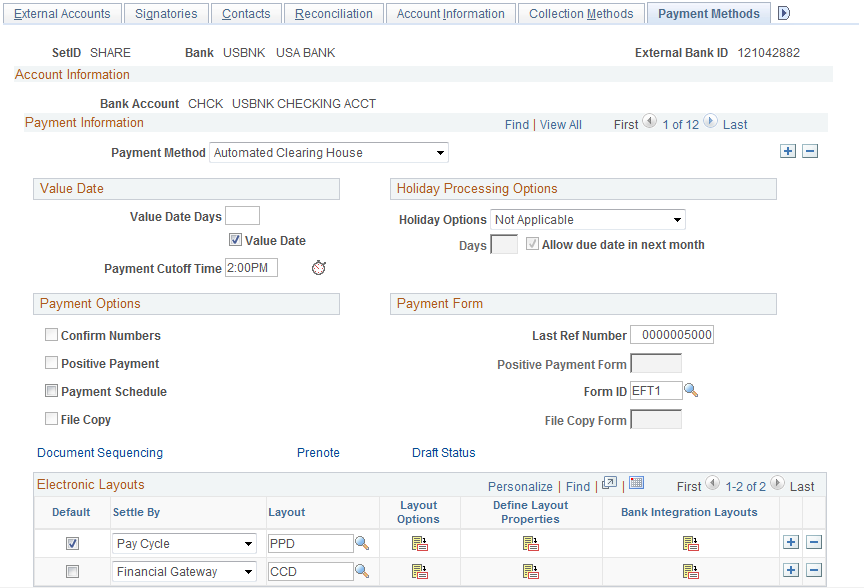 External Accounts - Payment Methods page