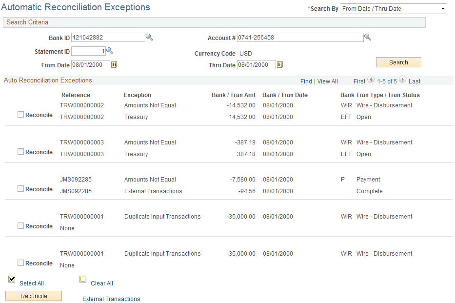 Automatic Reconciliation Exceptions page