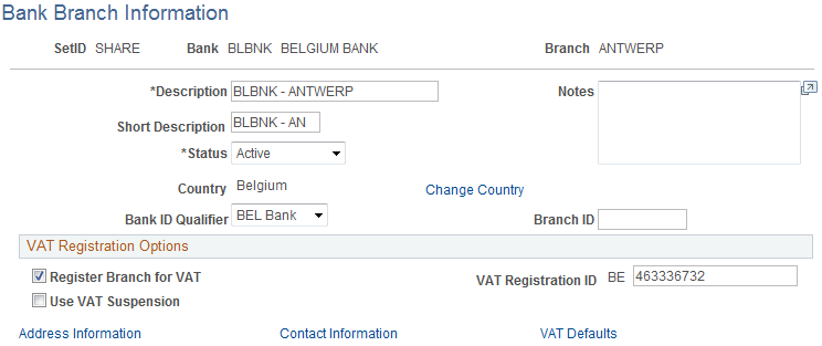 Bank Branch Information page