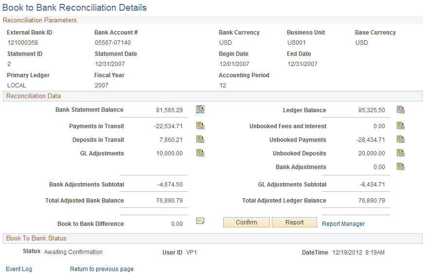 Book to Bank Reconciliation Details page