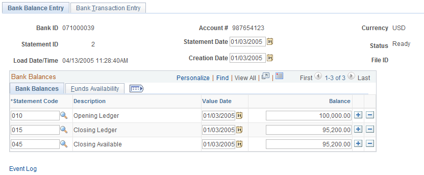 Bank Balance Entry page