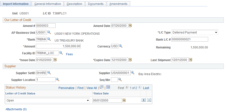 Letters of Credit - Import Information page