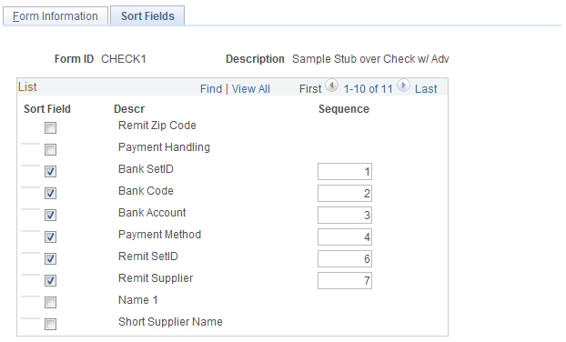 Sort Fields page