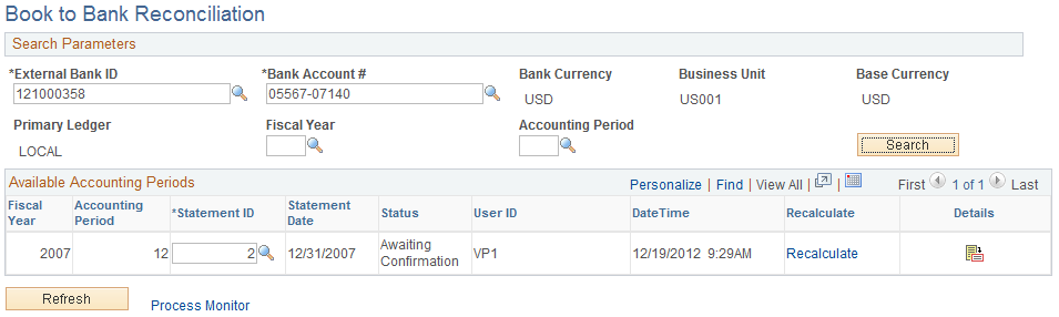 Book to Bank Reconciliation page