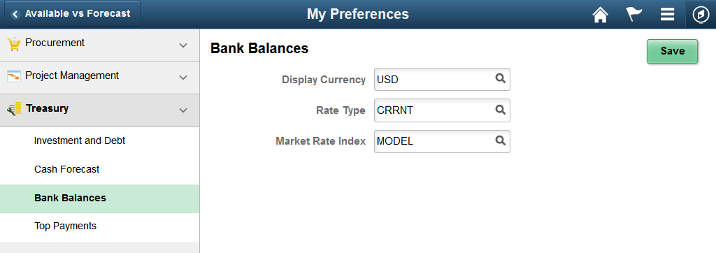 My Preferences - Bank Balances page