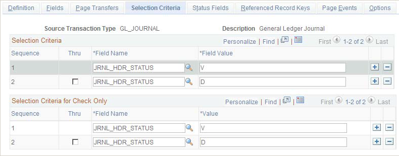 Source Transactions - Selection Criteria page