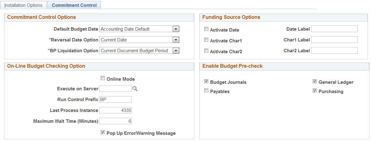 Installation Options - Commitment Control page