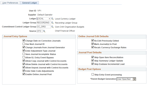 User Preferences - General Ledger page (Budget Post Options)