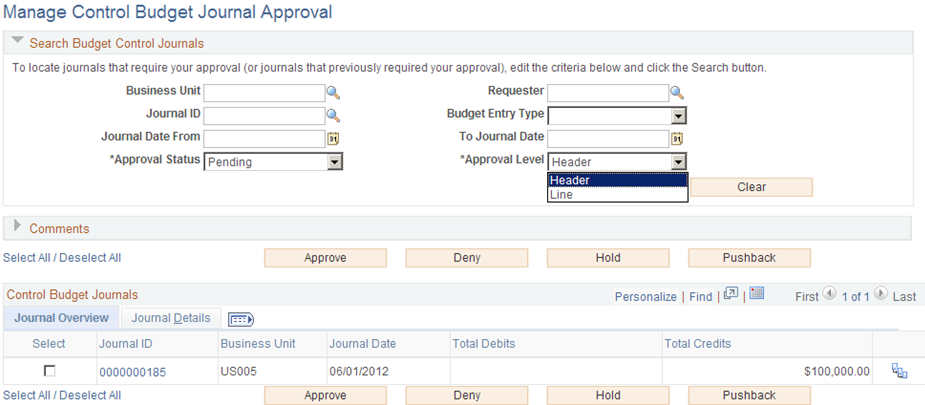 Manage Control Budget Journal Approval page (search results)