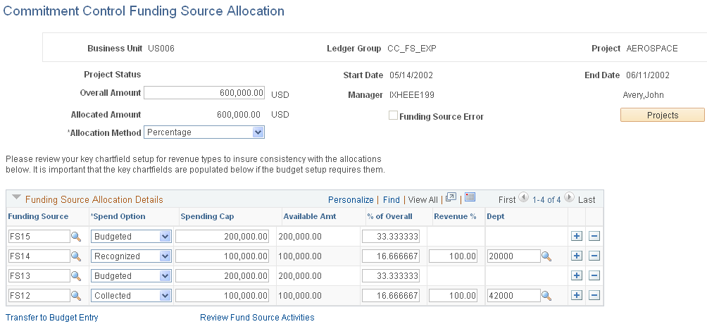 Commitment Control Funding Source Allocation page for percentage allocation (2 of 2)