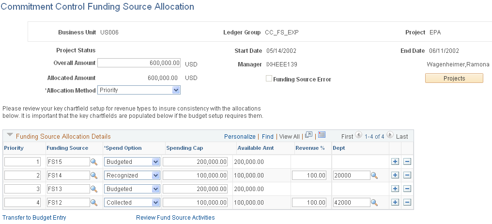Commitment Control Funding Source Allocation page for priority allocation (1 of 2)