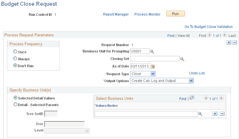 Budget Close Request page