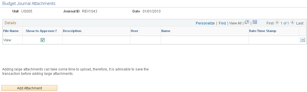 Budget Journal Attachments page