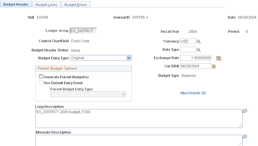 Budget Header page - Parent Budget Options