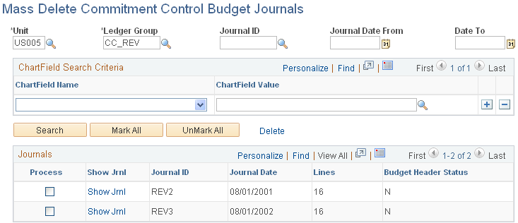 Mass Delete Commitment Control Budget Journals page