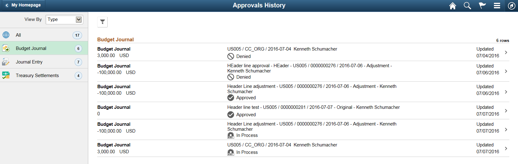 Approvals History page (as displayed on a tablet)