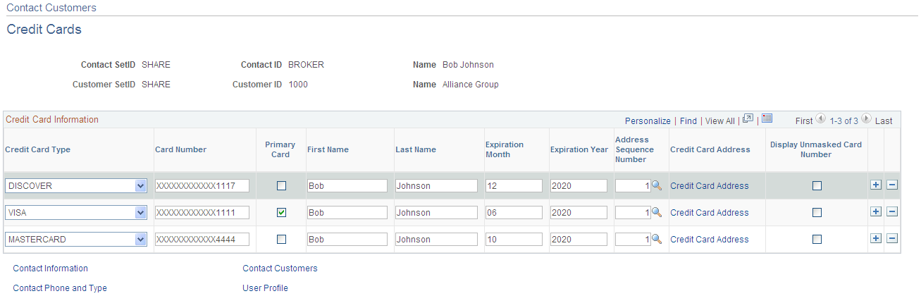 Contact Customers - Credit Cards page