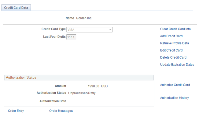 Credit Card Data page in a system that uses the hosted credit card model