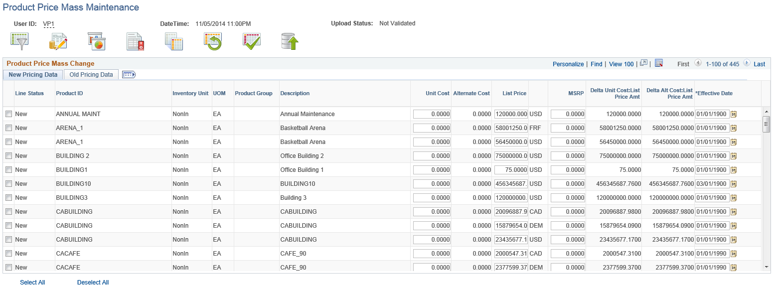 Product Price Mass Maintenance page