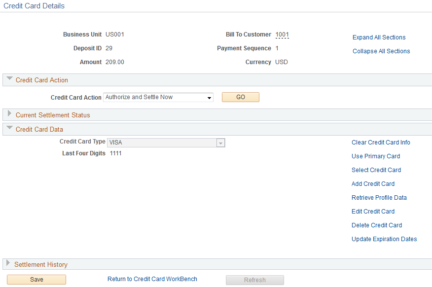 Credit Card Details page in Receivables, using the hosted credit card model
