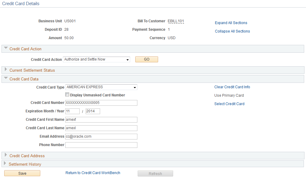 Credit Card Details page in Receivables, using the traditional credit card model
