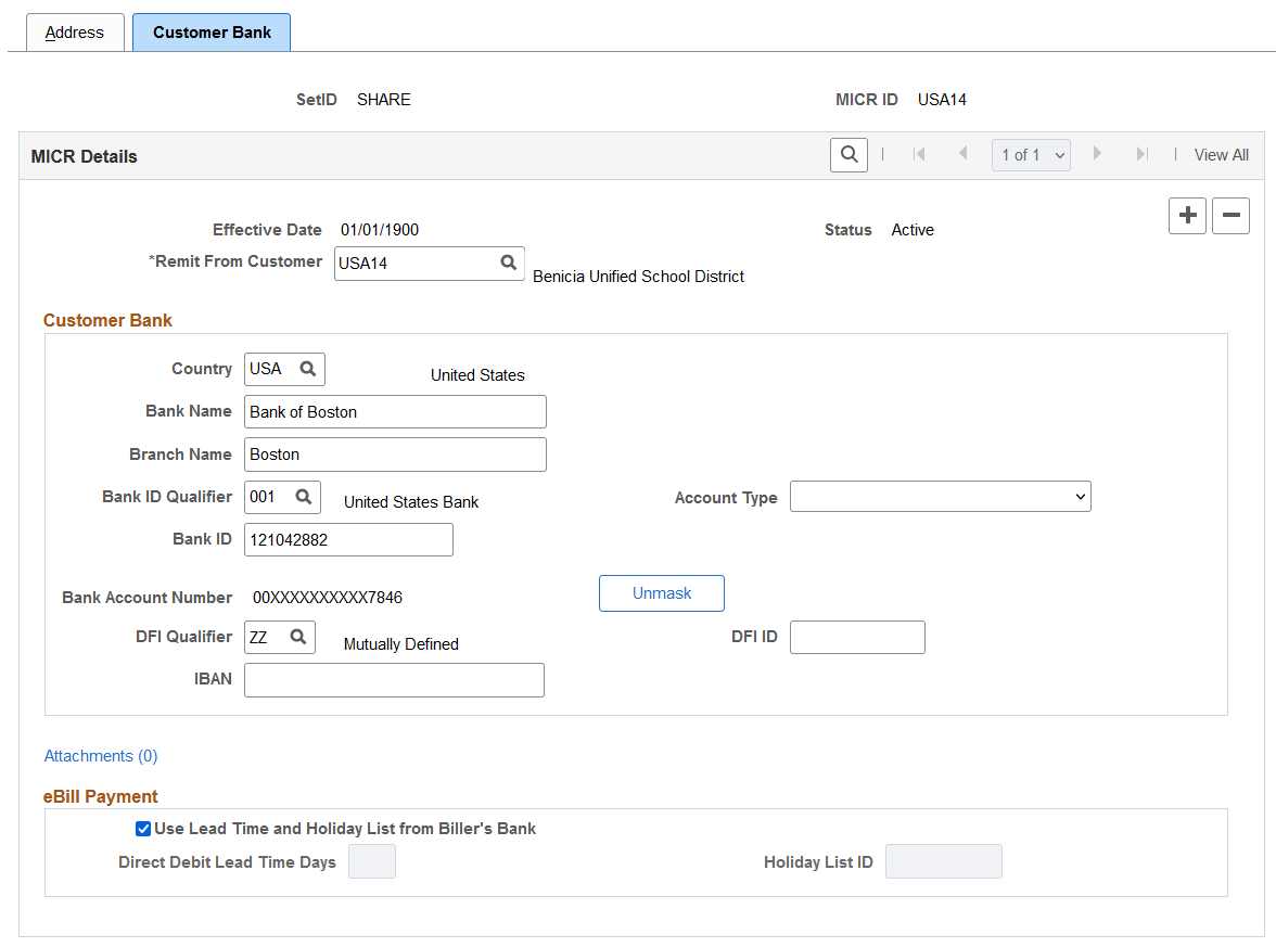 MICR Information - Customer Bank page