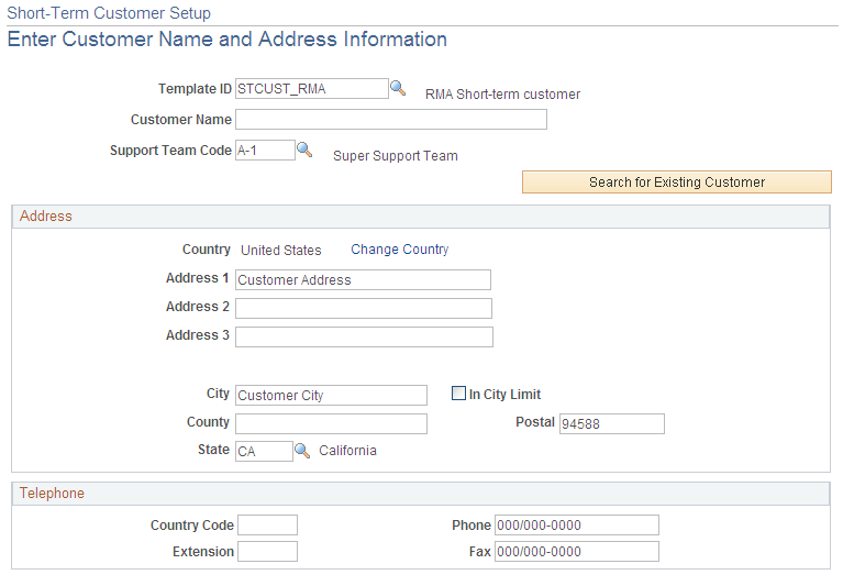 Short-Term Customer Setup page (1 of 2)