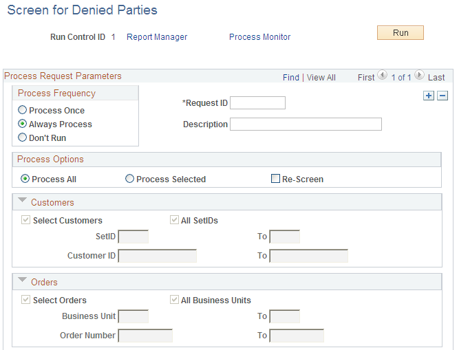 Screen for Denied Parties page (1 of 2)