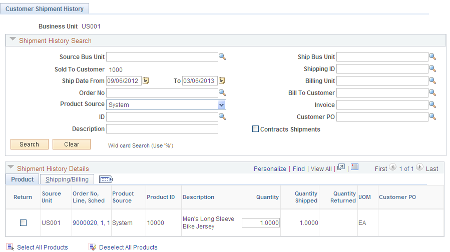 Customer Shipment History page