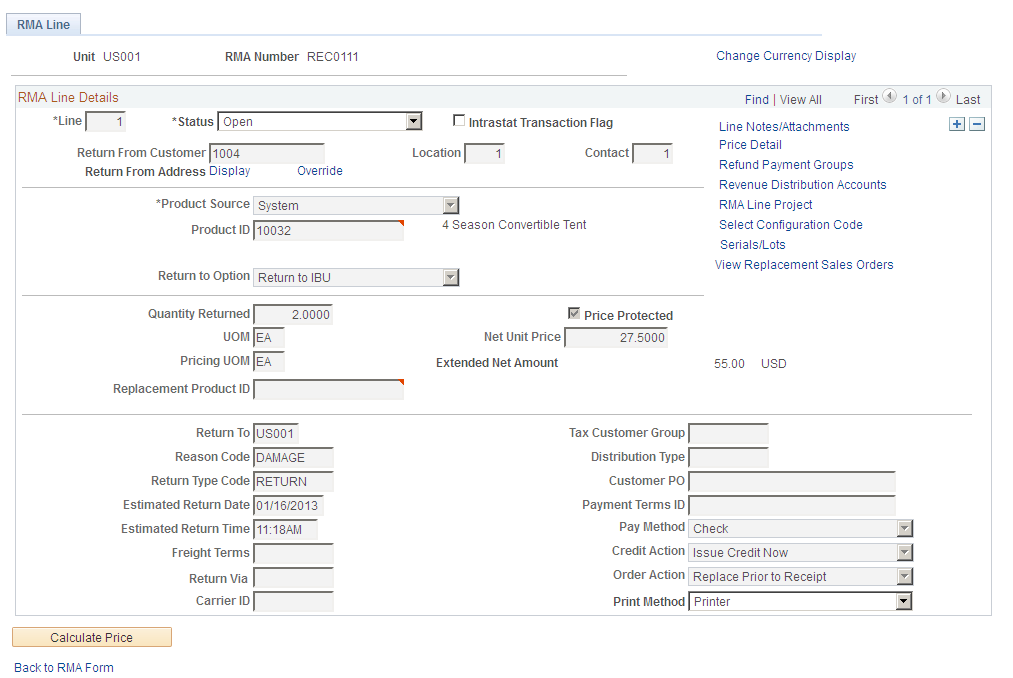 RMA Line page