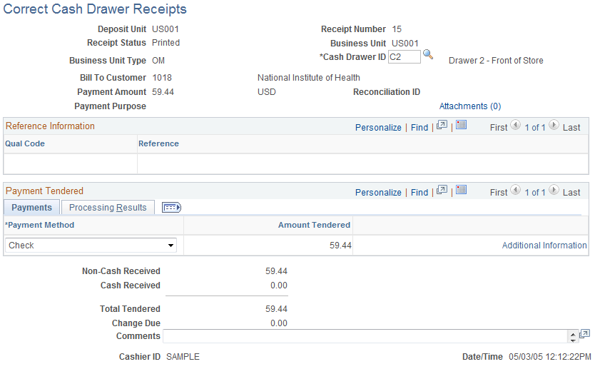 Correct Cash Drawer Receipts page