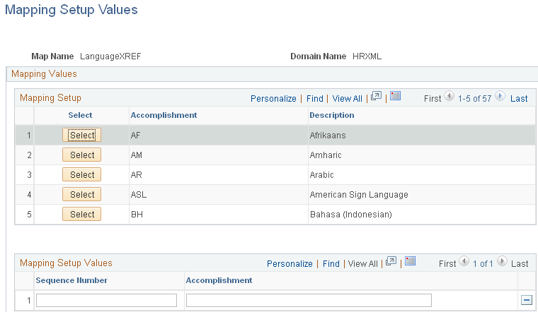 Mapping Setup Values page