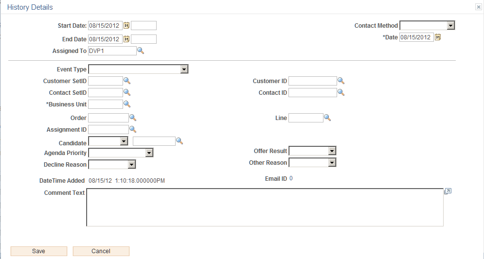 History Details modal window